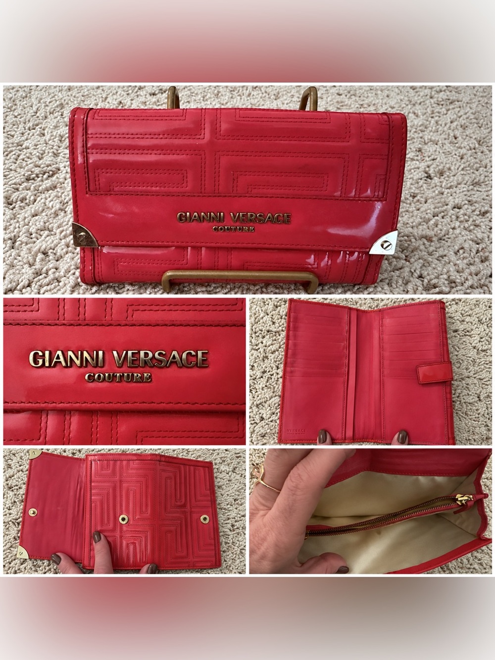 Versace Red Patent Leather Continental Wallet with Gold Logo